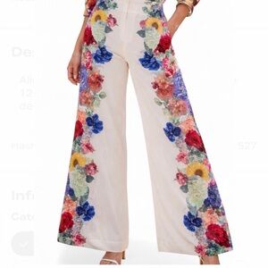 Alice + Olivia Floral Placement Pants 12 High Rise Wide Leg Designer Statement